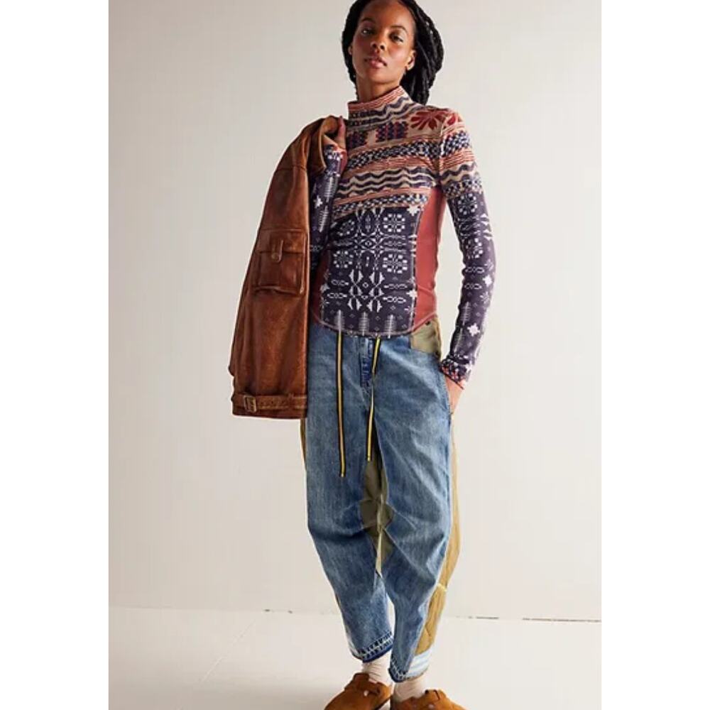 Free People We The Free Denver Layering Top S Long Sleeve Printed Stretch
